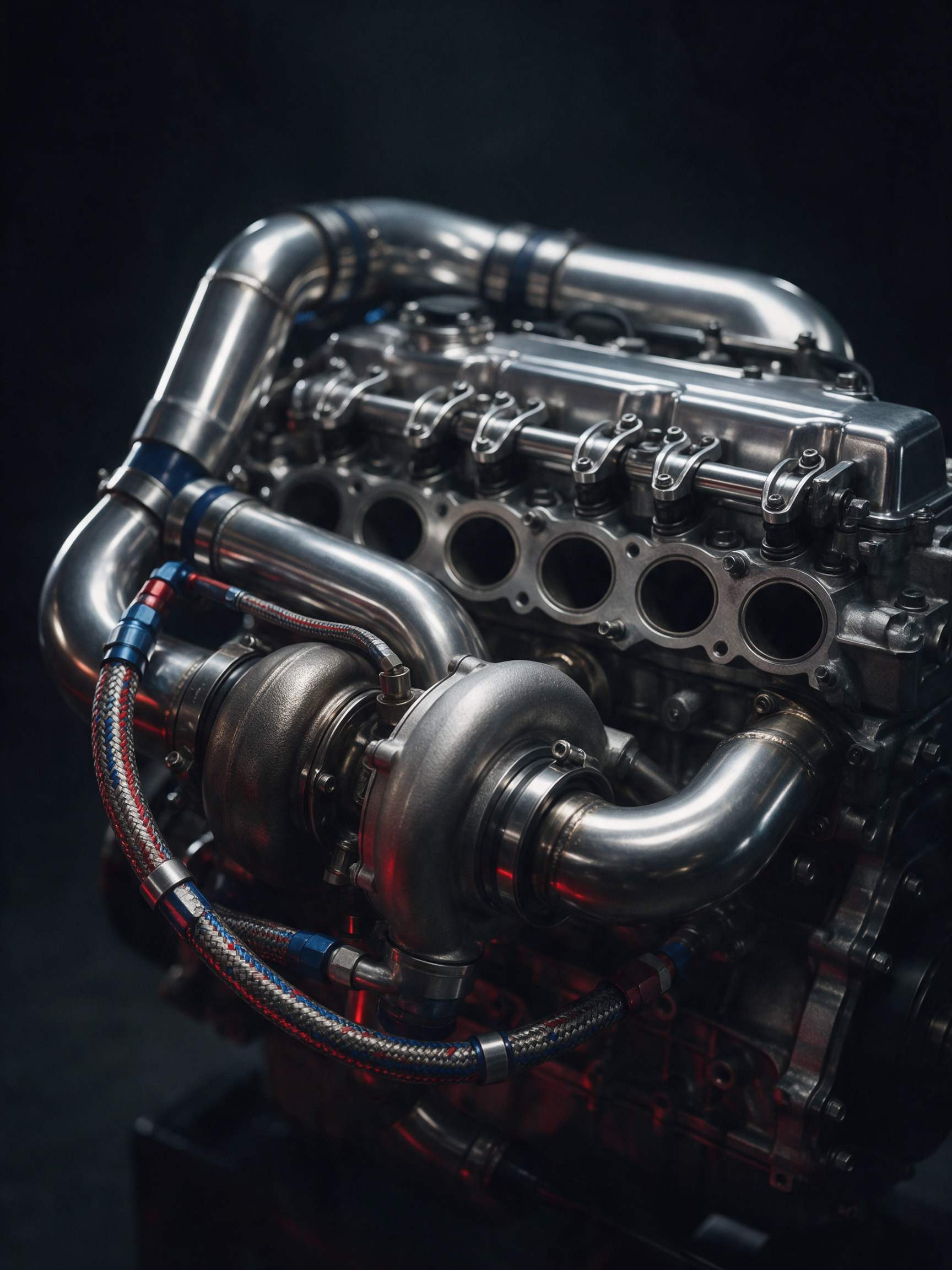 Turbocharged engine with polished intake piping and braided hoses