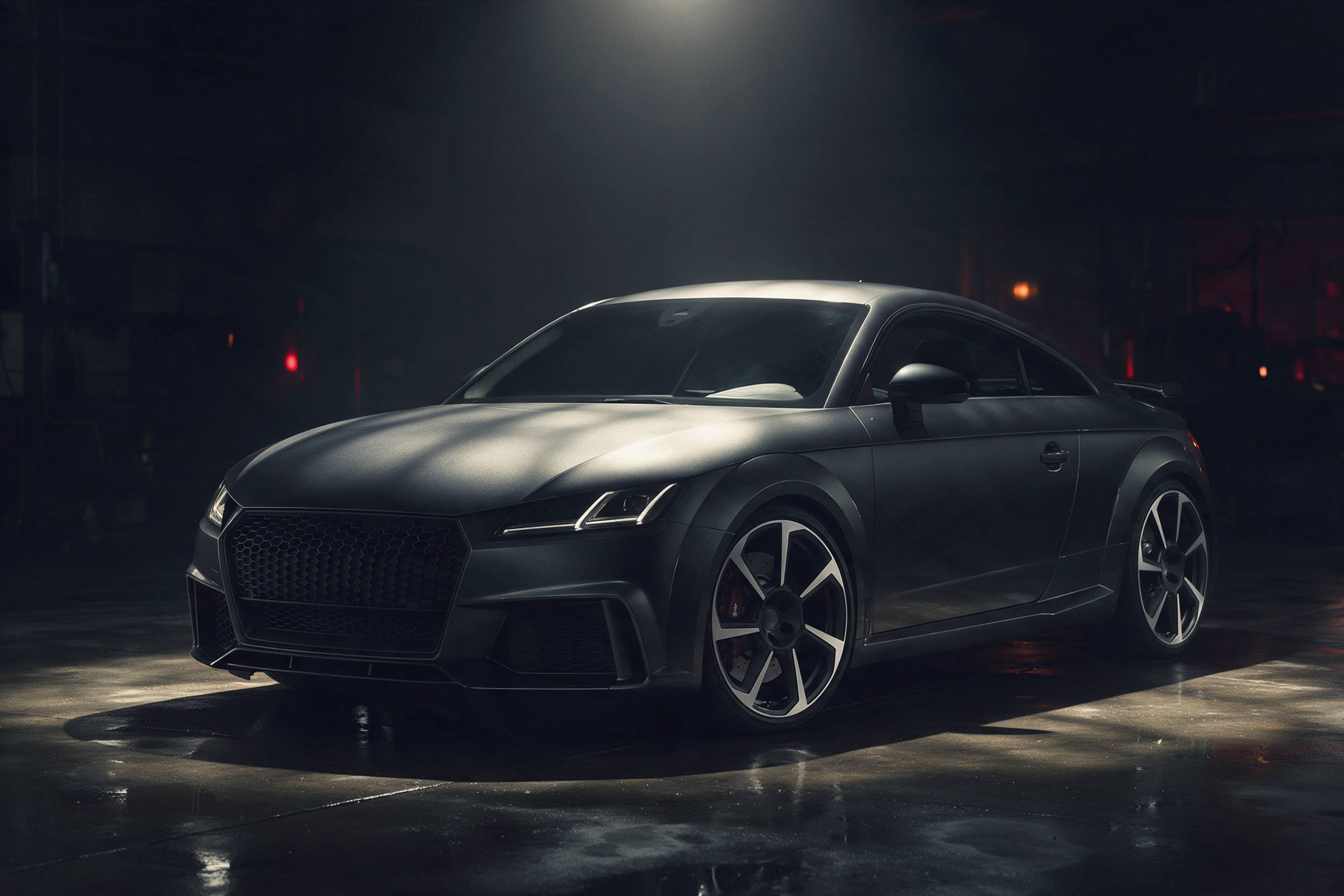 Dark grey Audi TT RS coupe under a single light in a workshop