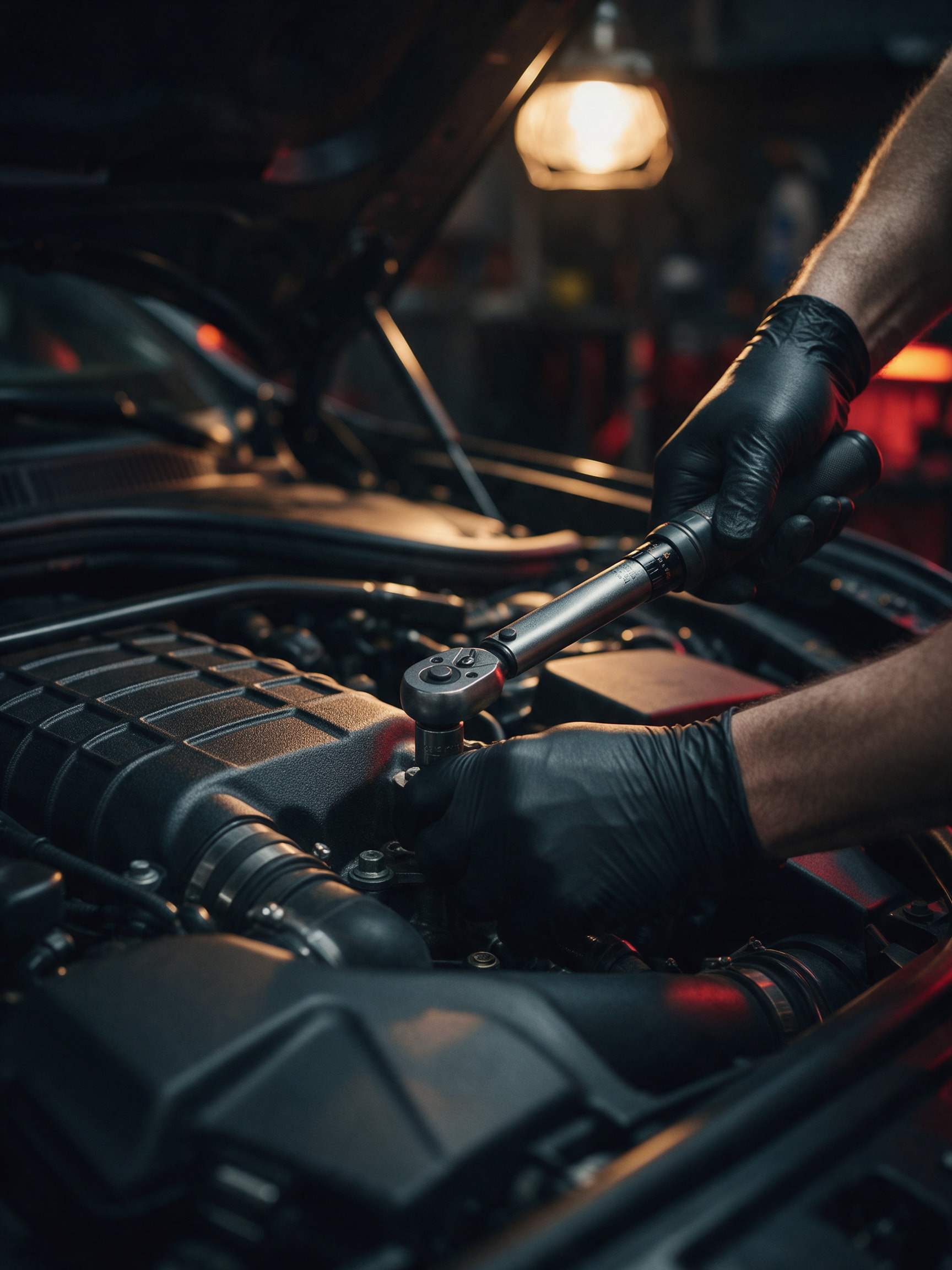 Gloved hands tightening a bolt with a torque wrench in a performance car’s engine bay
